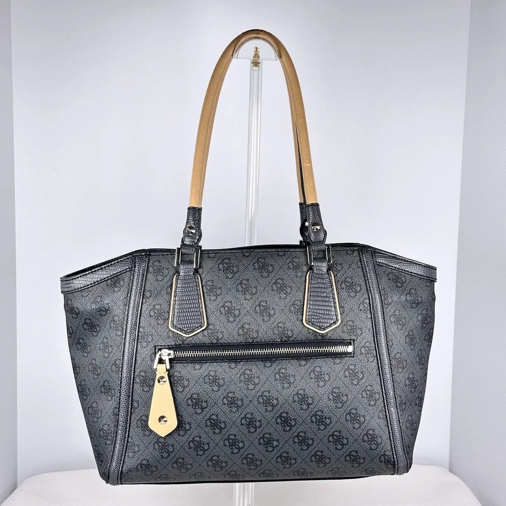Guess Charcoal Blue Monogram Satchel Laser Cut Purse Leopard Lining Hand Bag